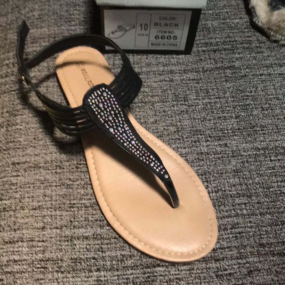 Gorgeous black embellished t-strap sandals